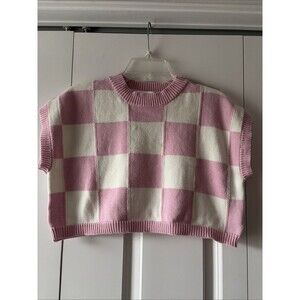Altar’d State Sz Small Checkered White Pink Cropped Knit Tank Top